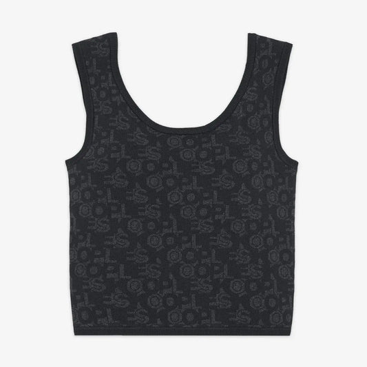 Débardeur noir en maille, de The Kooples, avec motif logo all over ton sur ton.

