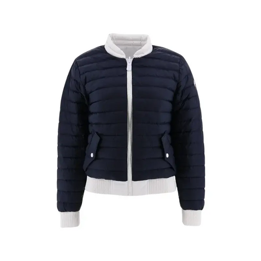 Doudoune bleu marine pour femme de Jott, avec détails blancs au col, à la taille et aux poignets.