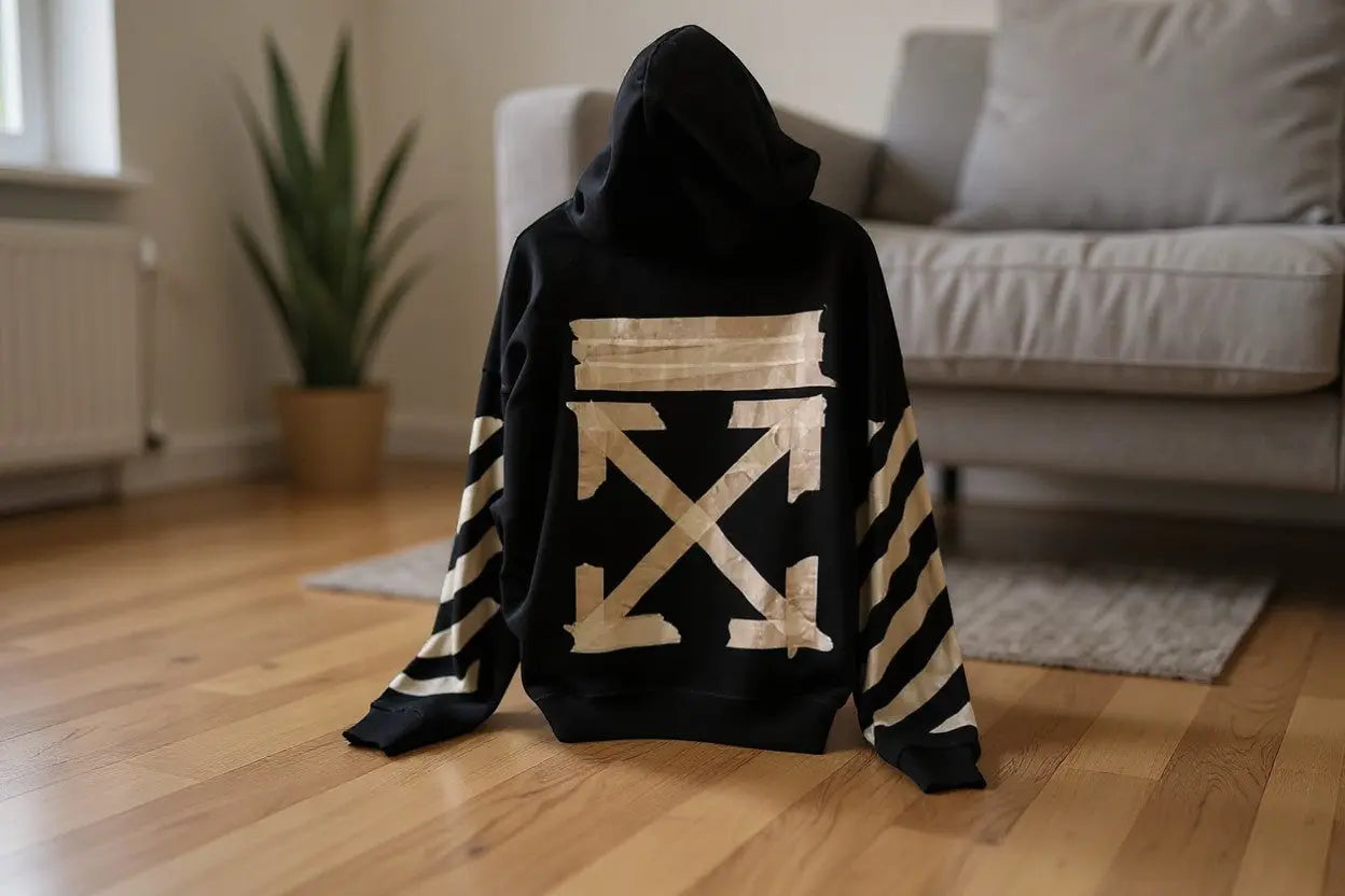 Upstyle Destock Off-White black cotton hoodie with beige taped arrows logo on back and sleeves, size XL.