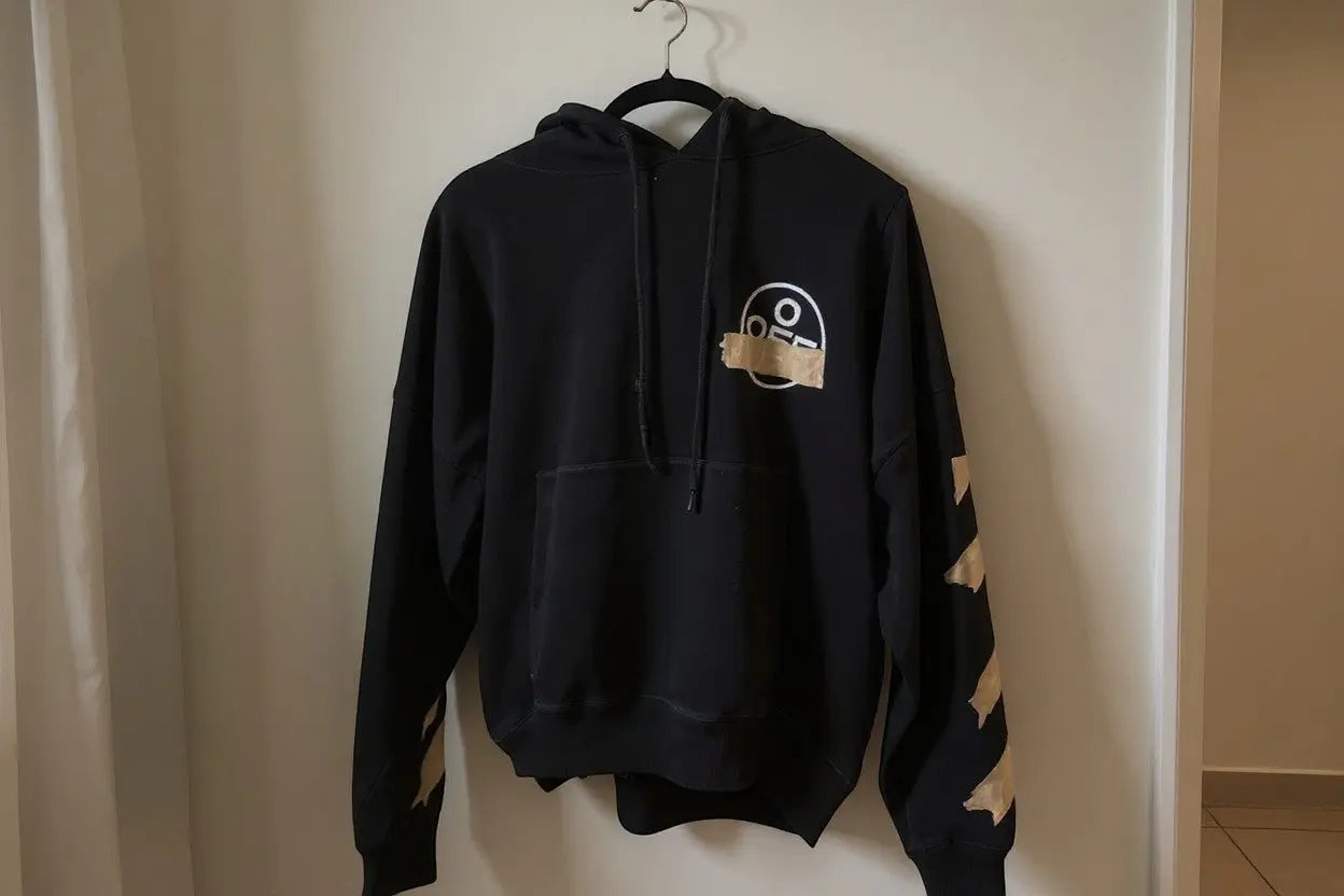 Upstyle Destock black cotton Off-White Taped Arrows hoodie with beige tape detail on sleeves and chest logo.
