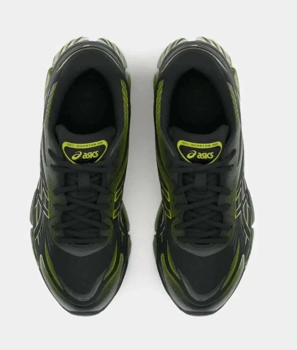 Chaussures de running noires et vert lime de Asics, vue du dessus.