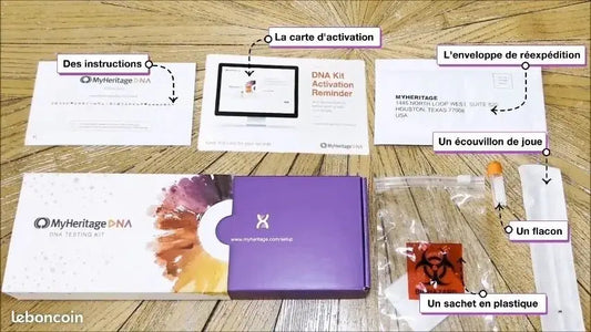 Kit de test ADN MyHeritage, avec instructions et enveloppe de réexpédition, par Upstyle Destock.