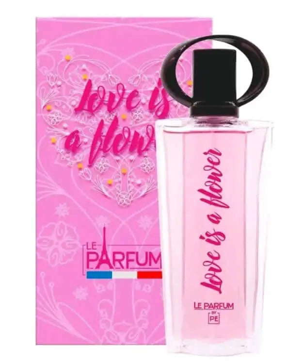 Eau de parfum florale rose, Love is a Flower inspi Flower Kenzo, de Parfum de France, avec motif floral sur l'emballage.