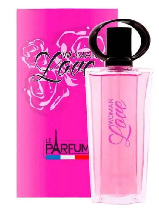 Eau de parfum rose Woman Love, de parfum de France, avec un flacon carré et un bouchon noir.