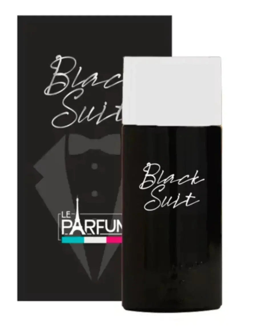Eau de parfum noire Black Suit de parfum de France avec un capuchon blanc rectangulaire.